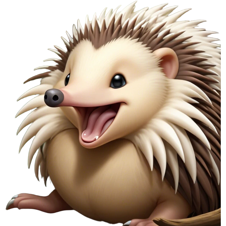 Cinematic Cute Yawning Echidna Portrait Emoji, Head tilted slightly with a dramatic, wide-open yawn, showcasing a soft, downy spiky fur with a slightly drooping snout and small, drowsy eyes, Simplified yet irresistibly adorable features, highly detailed, glowing with a soft, cozy glow, high shine, relaxed yet expressive, stylized with a touch of prickly whimsy, bright and endearing, soft glowing outline, capturing the essence of a sleepy yet affectionate echidna, so drowsy it feels like it could curl up out of the screen for a nap! emoji