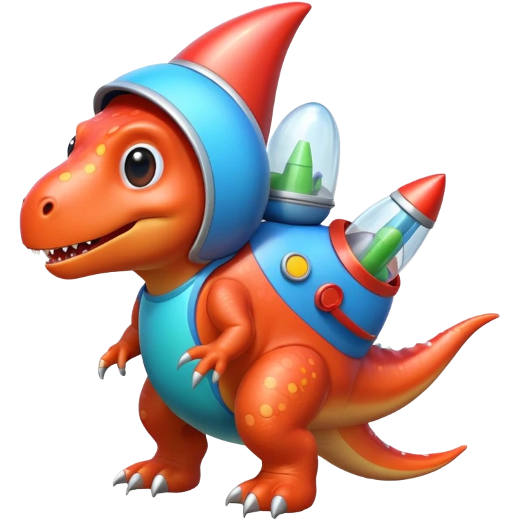 cute toy-like rocket-propelled dinosaur, rounded shapes, glossy texture, colorful rocket backpack, happy expression, 3D cartoon, mobile game icon style, clean background, no text, no watermark
 emoji