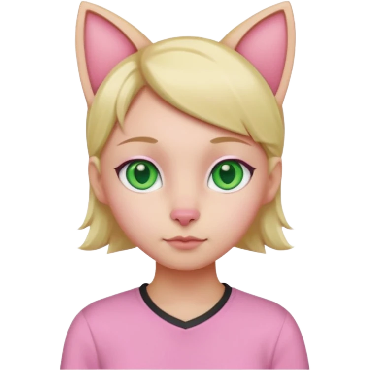 Squareded Ears Pink Skin Green Eyes Cat Shaped Pupils Heart Shaped Forehead Blonde Haired Pink Shirt  emoji