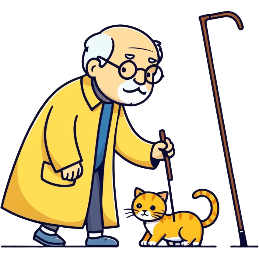  old blind man and his walking stick with golden cat ￼ emoji