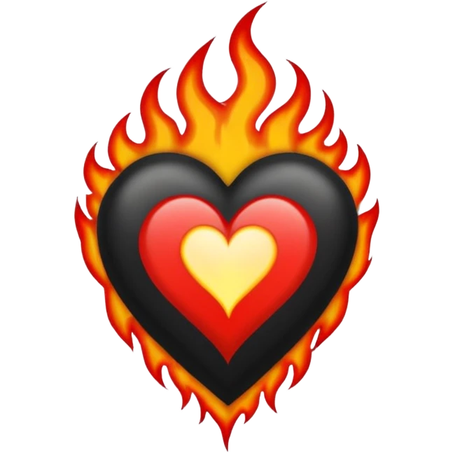 Black and red heart with small flames and no flames in the center  tattoo style emoji
