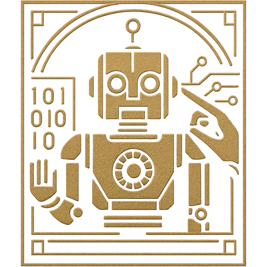 art deco logo of a robot being programmed, geometric shapes, metallic accents, elegant lines, symmetrical design, minimal color palette emoji