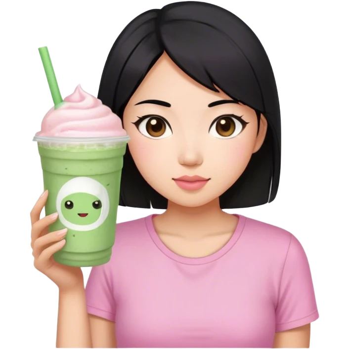 Asian woman, medium lenght black hair, brown eyes, pink cute shirt, holding Matcha frappe  emoji