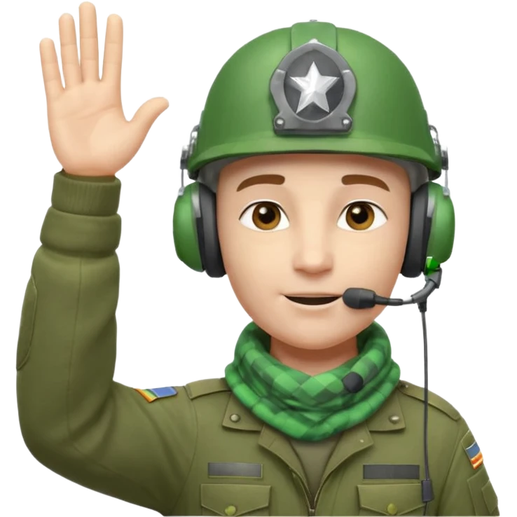 Soldier emoji head in green military helmet, large ear protectors, headset microphone, light green checkered scarf around neck, gray face, confident greeting pose with right hand raised in salute, vibrant colors, high detail on helmet textures and fabric, bust view, ultra-detailed PNG alpha channel emoji