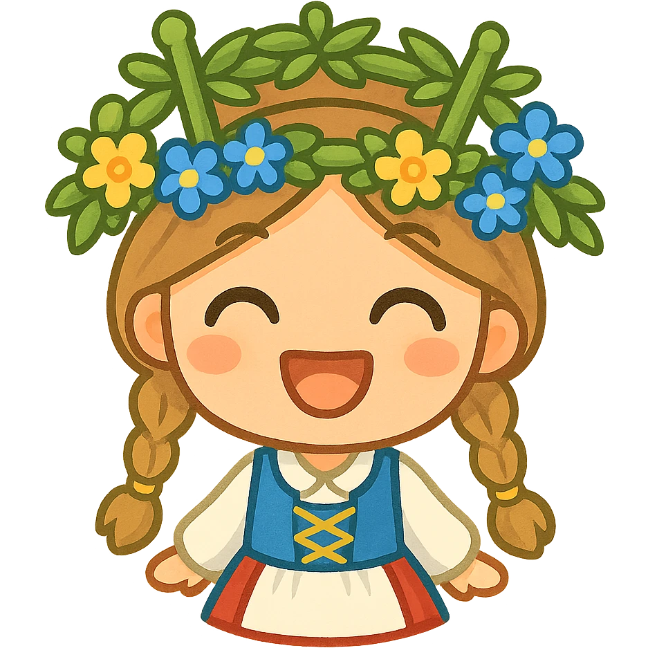 midsommar emoji with traditional Swedish dress, happy face, summer theme, bright and cheerful colors emoji