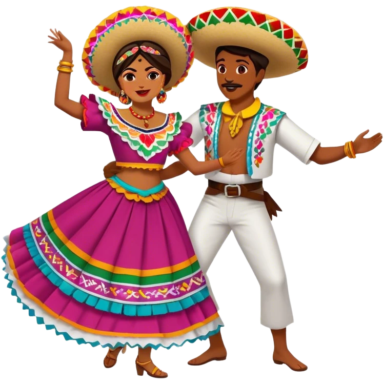 Cinematic Realistic scene of two performers dancing the Jarabe Tapatío, dressed in colorful traditional Mexican costumes with intricate embroidery, captured in energetic, festive motion with vibrant, celebratory lighting emoji