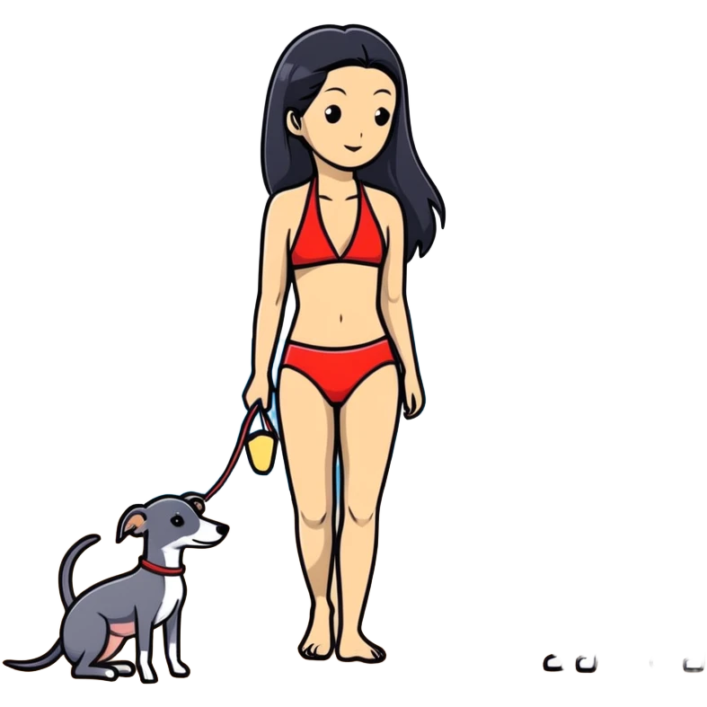 Slim Chinese woman with long black hair in appropriate beach attire at the beach with her completely solid grey Italian greyhound, ocean and sand visible, the dog has absolutely no white markings anywhere emoji