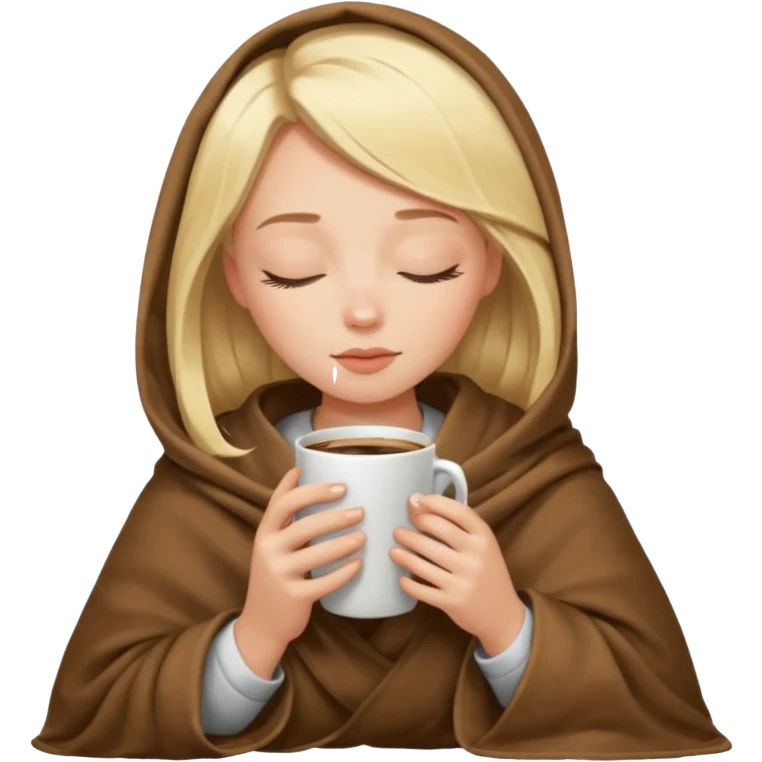 Blonde girl inside a blanket sipping coffee eyes closed emoji