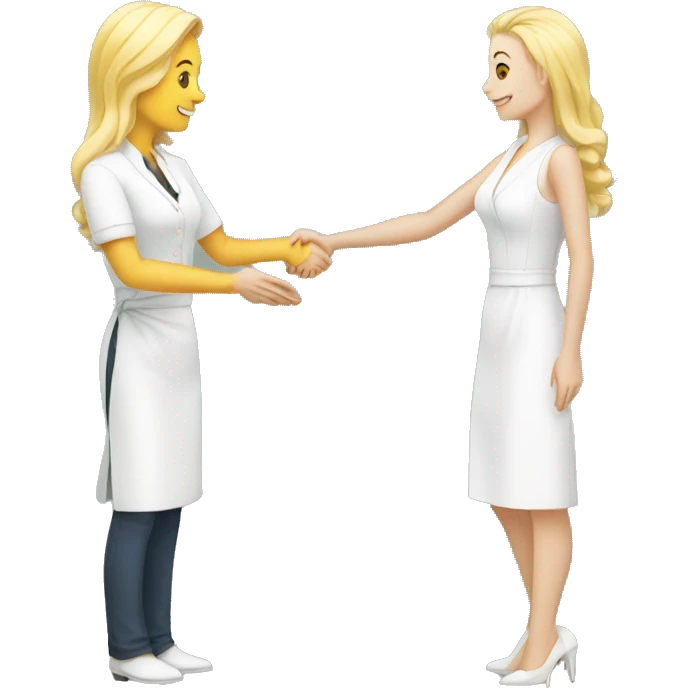adult restaurant owner with white skin and blogger with white skin and blonde hair shaking hands in full height emoji