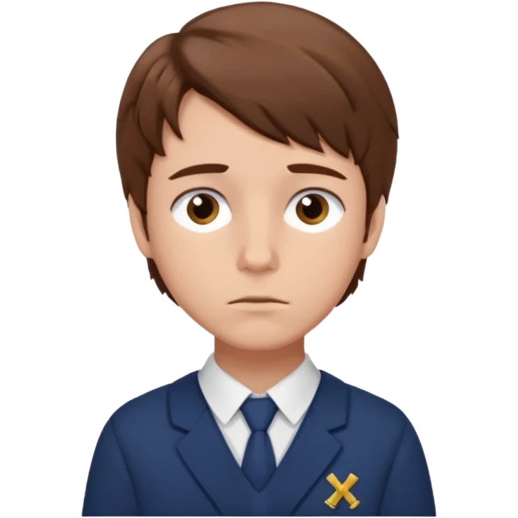 Design Xavier Thorpe with messy brown hair, artistic vibe, school uniform & thoughtful look. emoji