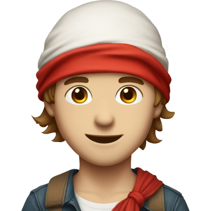white skin, boy with a red bandana tied to his head, brown hair, smiling emoji