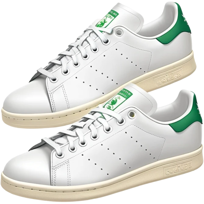 A pair of white Adidas Stan Smith sneakers arranged with one shoe behind the other, white leather with green heel tabs, classic design, both shoes visible emoji