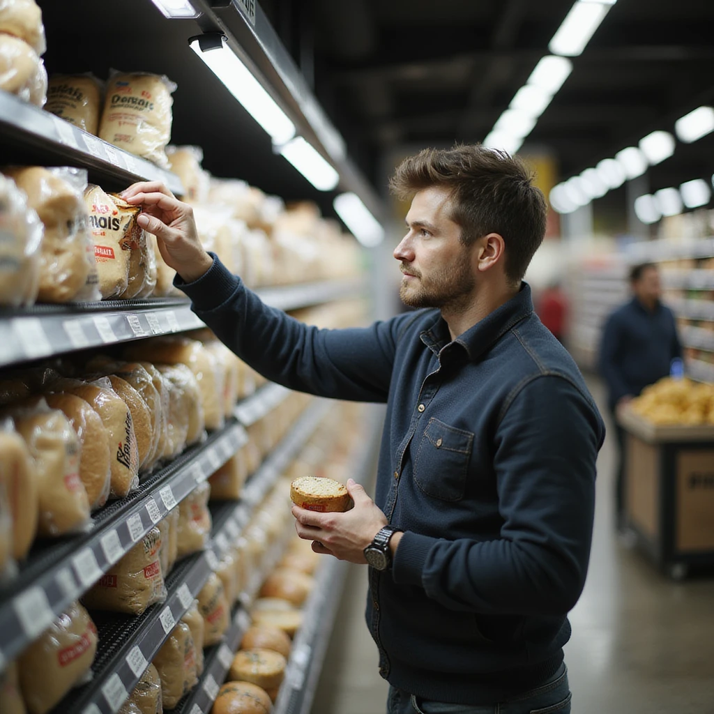 hyperrealistic scene of a man at a supermarket taking a product from the shelf, the product label prominently displaying the word 'Senza', 4K details, supermarket environment, natural lighting emoji