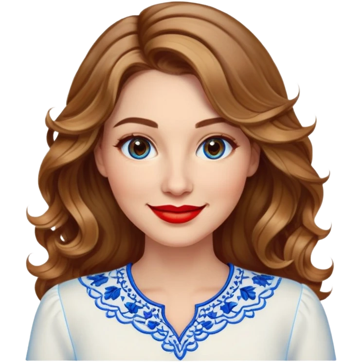 Friendly woman in her late 30s with luminous fair skin, round face, wide smile, large light brown eyes, vibrant red lips, shoulder-length dark blonde wavy hair with highlights, wearing white blouse with blue embroidery and electric blue neckline emoji
