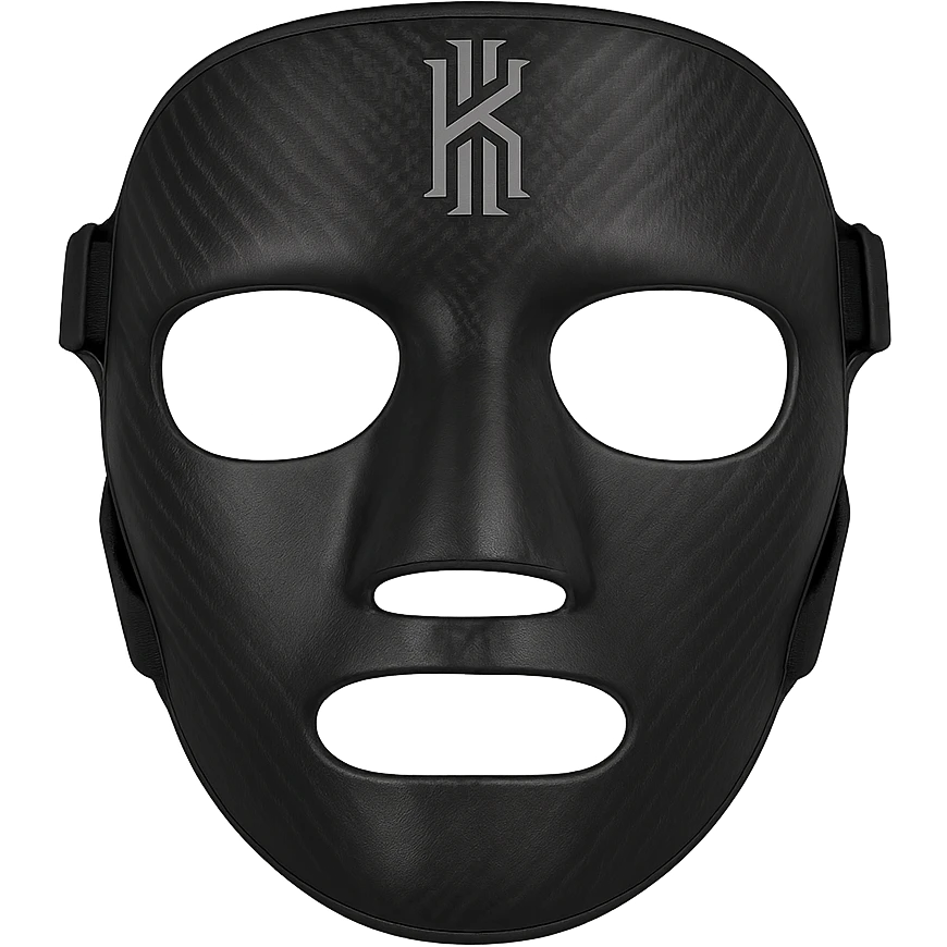 black basketball face mask inspired by Kyrie Irving, sleek and athletic, front angle, realistic details emoji