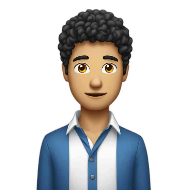 jeune homme avec des cheveux châtains bouclés, des yeux bleus clairs qui est habillé avec une chemise noir emoji
