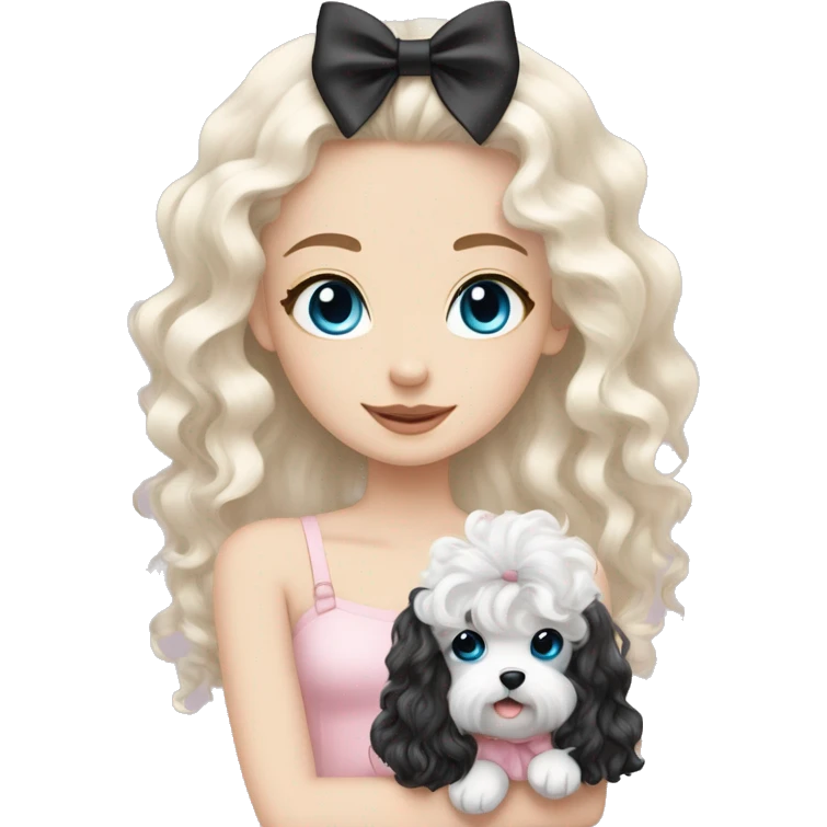 pale blonde girl with long platinum white wavy hair with blue eyes and wearing a light pink hair bow holding a black and white curly haired puppy also wearing a hair bow emoji