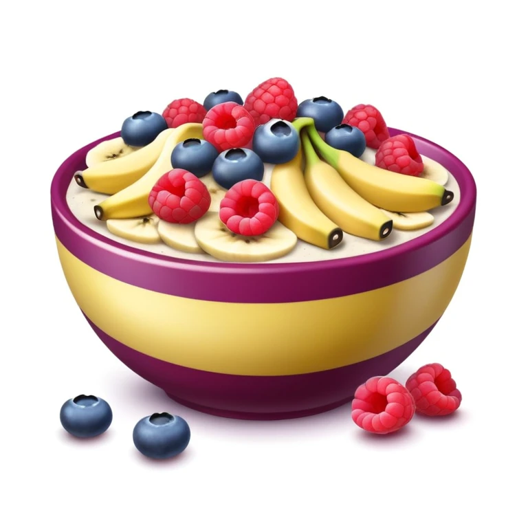wildberry acai bowl with raspberries, bananas and blueberry toppins emoji