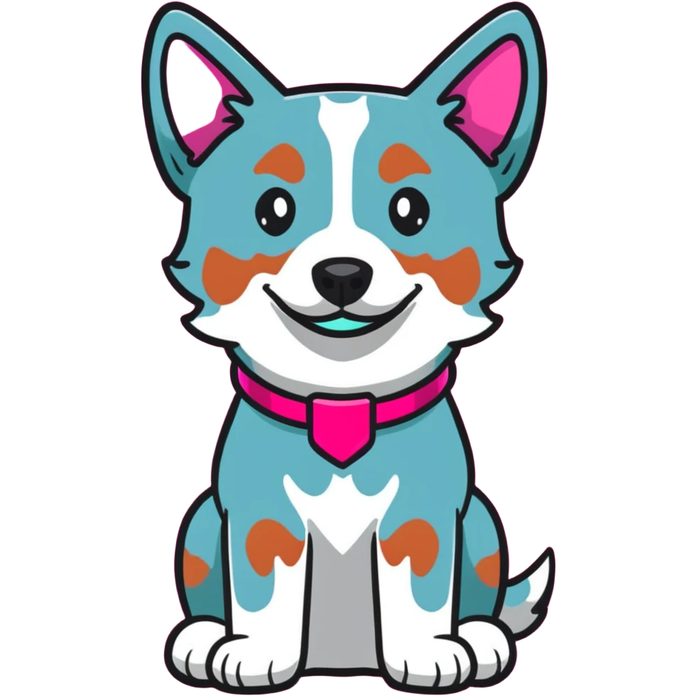 Red heeler cattle dog sitting down facing forward, with a bright pink collar emoji