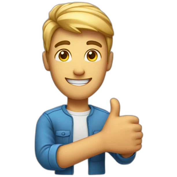 male character with a facial expression that conveys intelligence and technical skills, while making a thumbs-up gesture to indicate approval emoji
