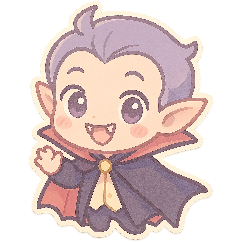 chibi vampire with tiny fangs, cute cape, big eyes, playful expression, pastel palette emoji