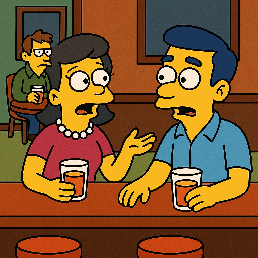 His voice sounded familiar, but I couldn’t remember where I knew him from. 2 person sitting ina bar, talking about a strange guy, sitting in a corner emoji