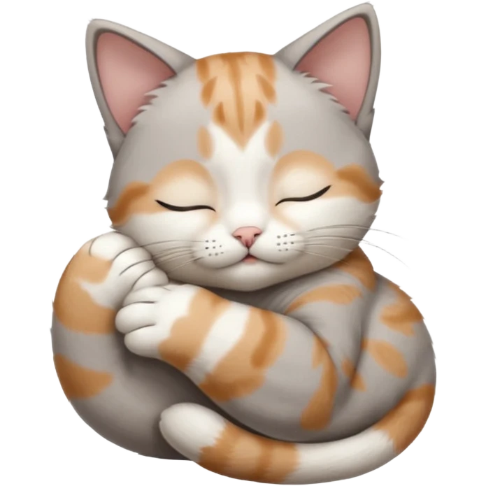 grey and white small cat with its eyes closed lying down with its paw curled and holding up his head emoji