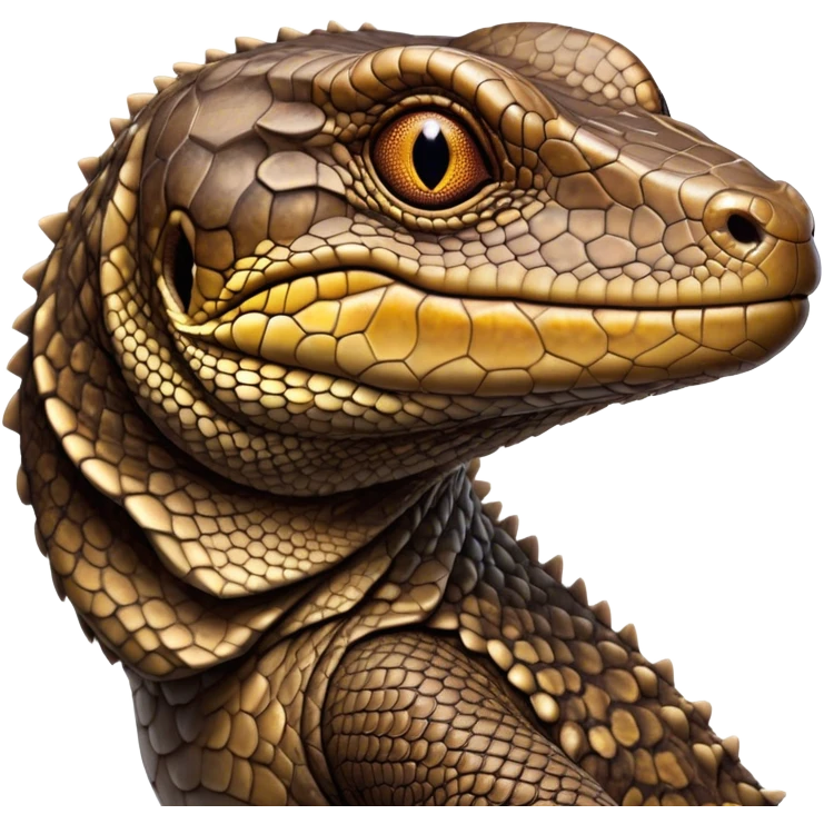 Cinematic Noble brown camo monitor Lizard Portrait Emoji, Poised and regal, with a robust, scaled body exhibiting striking, mottled patterns and piercing, alert eyes, Simplified yet sharp and sophisticated features, highly detailed, glowing with a soft, earthy glow, high shine, intelligent and formidable, stylized with an air of ancient wilderness, focused and commanding, soft glowing outline, capturing the essence of a watchful and confident reptilian guardian that appears ready to stride out of the screen with effortless authority! emoji