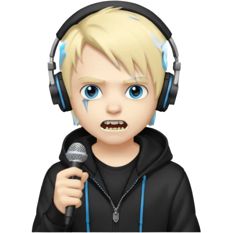 boy vampire whit blonde emo hair and eyes blue and grey skin and heandphones black AND A MICROFONE AND GOLD TEETH and agesive face and the hoodie black  emoji