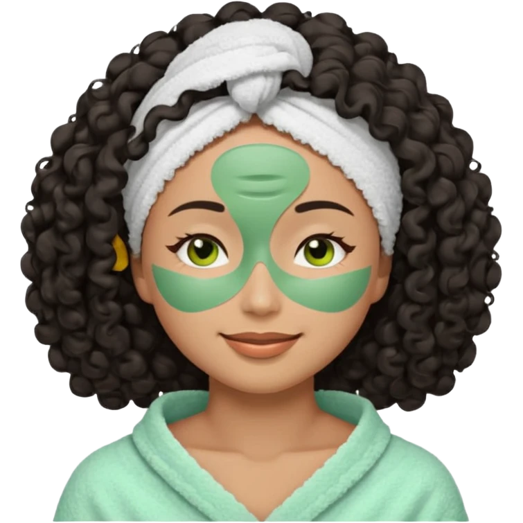 A female emoji with black, 3a curly hair partially tucked into a white towel wrap, eyes closed, smiling peacefully. She has a green facial mask applied to her forehead, under eyes, nose, and cheeks. Shoulders are bare and she has a relaxed, spa-like appearance. emoji