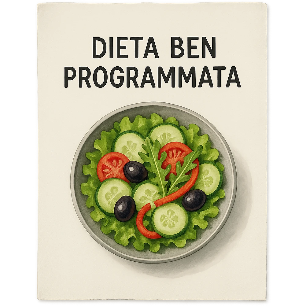 hyperrealistic 4K top view of a sheet of paper with an illustrated bowl of salad and the text 'DIETA BEN PROGRAMMATA', no background emoji