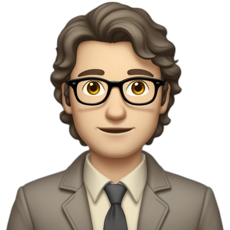 Full height Pale skinned Fit Man With dark brown hair in gray jacket, beige office shirt, tie, Brown pants and vintage glasses. Thrumbs of his palms directed up emoji