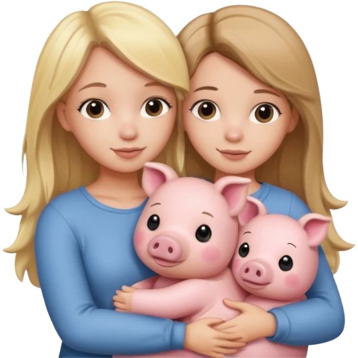 Girlfriends, blonde and brunette, hugging a teddy bear and a little pig emoji