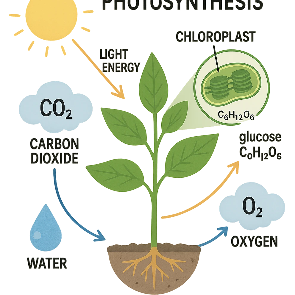 highly scientific, labeled classroom poster version of the photosynthesis process, with clear step-by-step visuals, arrows, and educational annotations, no background, transparent emoji