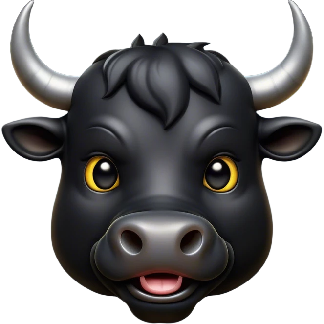 Cinematic Comical Black Bull Portrait Emoji, Head tilted dramatically with an exaggeratedly amused expression, featuring a striking, glossy black hide with a bold natural sheen, wide, expressive dark eyes filled with playful disbelief, Simplified yet hilariously expressive features, highly detailed, glowing with a slightly sassy glow, high shine, dramatic yet playful, stylized with an air of cheeky mischief, bright and endearing, soft glowing outline, capturing the essence of a spirited and over-the-top bull, so meme-worthy it feels like it could charge its way into internet fame instantly! emoji