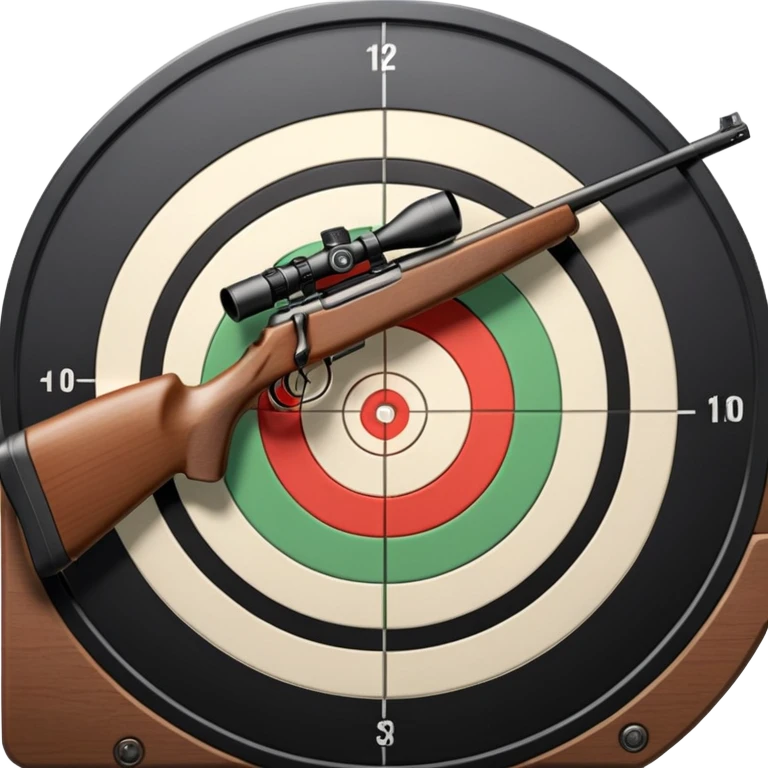 A detailed image of a rifle aimed at a target, with the target's concentric rings clearly visible. The focus is on the precision and accuracy of the sport, with the rifle positioned in front of a neutral background, emphasizing the equipment and the competitive nature of shooting. emoji