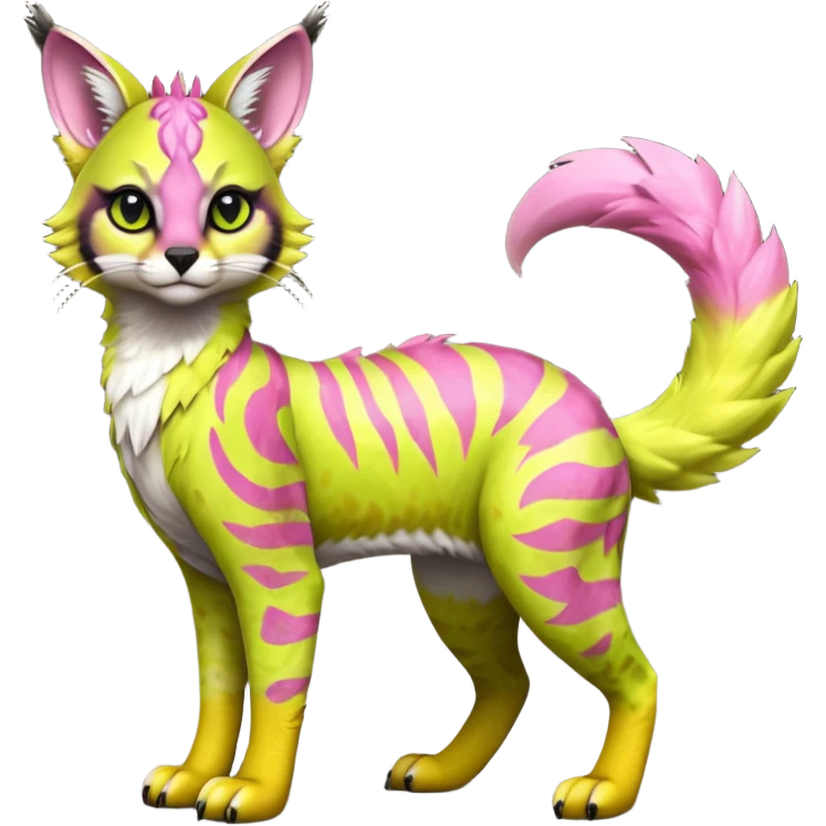 Cute kawaii cool edgy badass  vivid tropical mango-lime-pink splash-patterned silky fur fantasy-caracal-civet-genet-sergal-vernid-Gryphon-Cacomistle-Trico-oncilla-animal-Fakémon-hybrid-fursona (full body), facial markings, (realism style) emoji