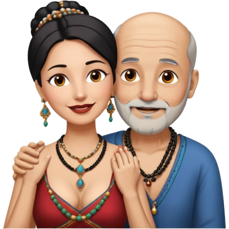I want an old man with balding and grey beard  wearing no jewelery and a woman in her 40s with dark black hair parted in indian woman style wearing a beads chain  with the cleavage of the woman visible in a passionate embrace, both must be blissfully smiling emoji