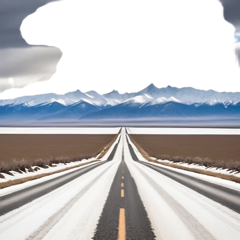 A long STRAIGHT dirt road that disappears into the horizon half way up the screen from the perspective of someone sitting in the middle of the road looking down it. Flat snow fields on both sides of the road with huge looming mountains above the roads horizon line.  emoji