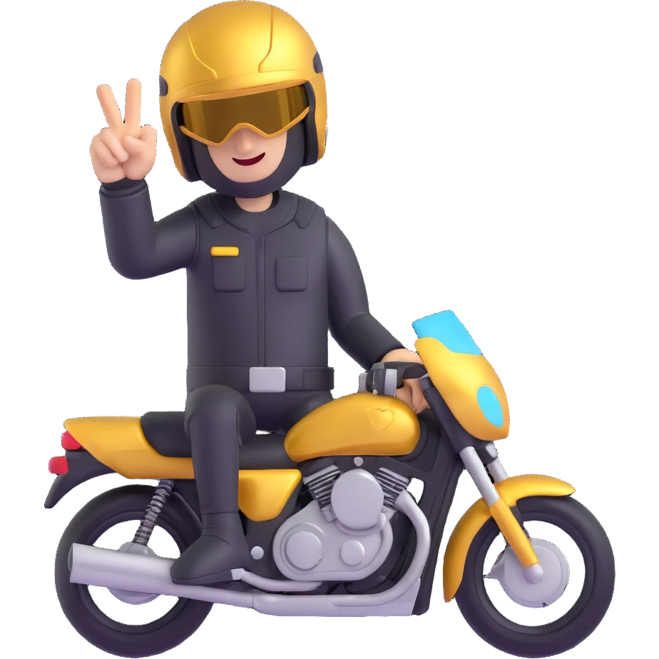 A motorcyclist in a black helmet with a golden visor flipping the bird emoji
