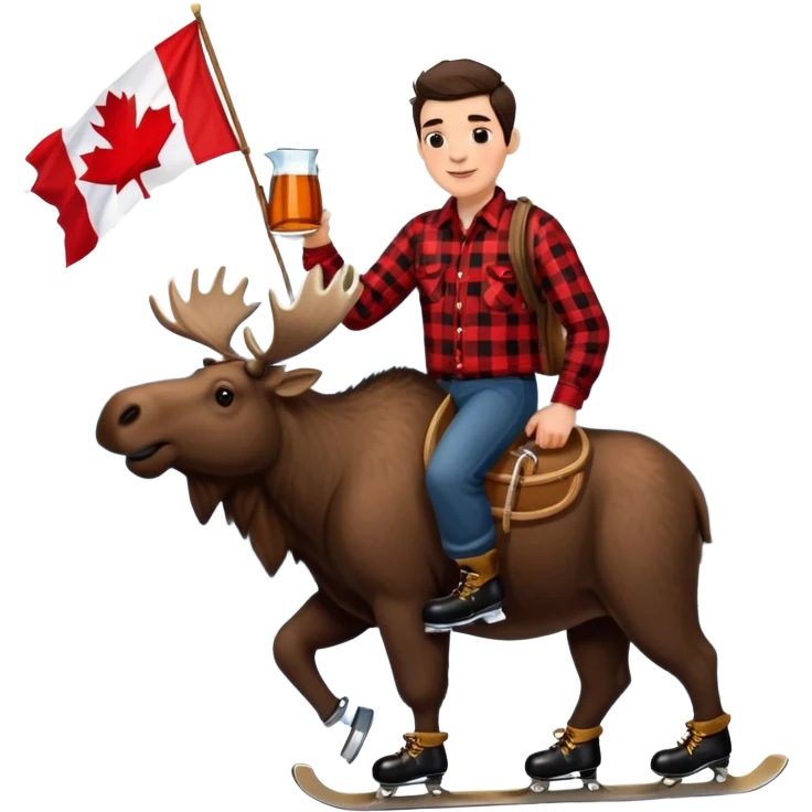 Canadian lumberjack man wearing red and black flannel shirt, drinking from a jug of maple syrup, holding a Canadian flag, and wearing ice skates, while riding on a moose, with snowcapped mountains in the background emoji