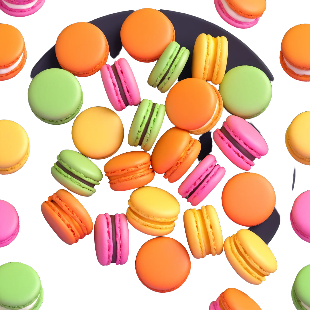 Create a 3D model of colorful macarons with smooth, realistic textures and vibrant pastel colors, arranged on a plate. The style should resemble a modern Apple 3D emoji, consistent with iOS 18 design aesthetics. emoji
