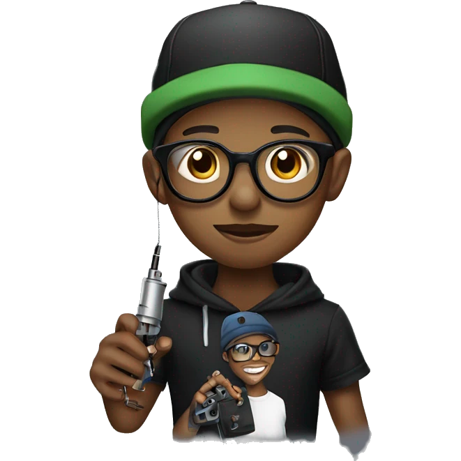 black cap, hoodie and glasses boy  holding an tattoo machine emoji