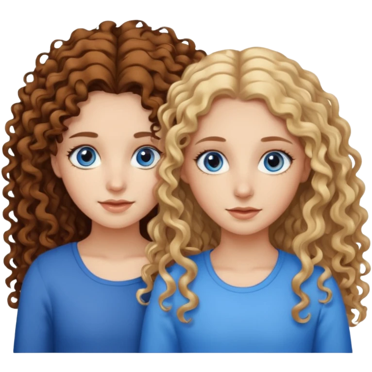 sisters, one has brown eyes, long curly brown hair, the other one has blond non-curly hair and blue eyes emoji