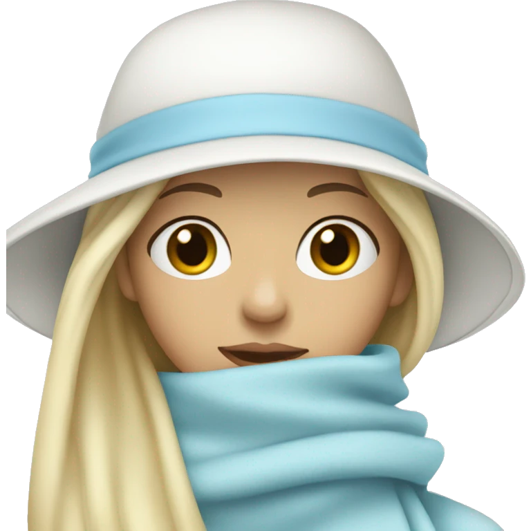 blonde girl in a white hat and pastel blue scarf covering half of her face emoji