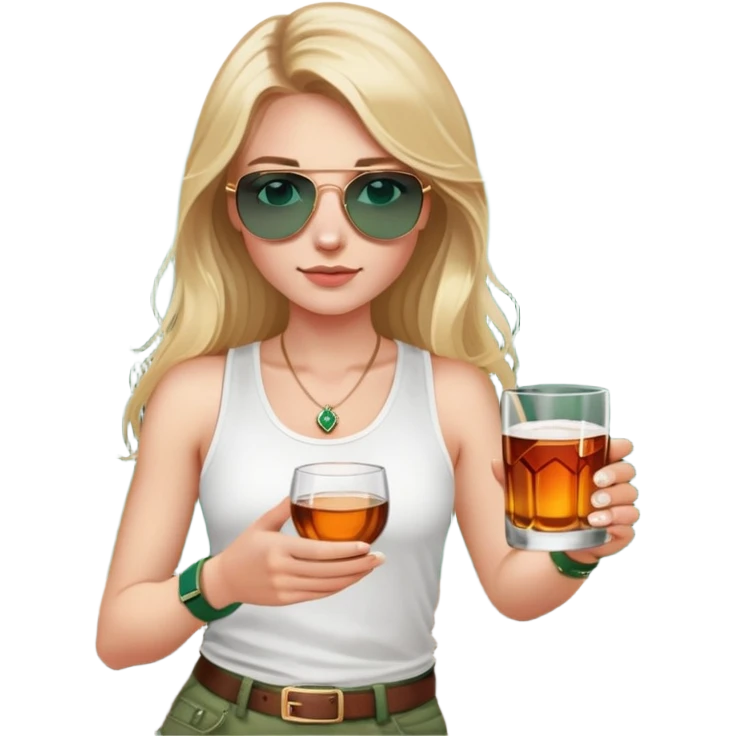 girl with long blond hair
with blue eyes
and aviator sunglasses
wearing white tank top 
holding a glass of whiskey 
wearing rose gold apple watch with forest green band  emoji