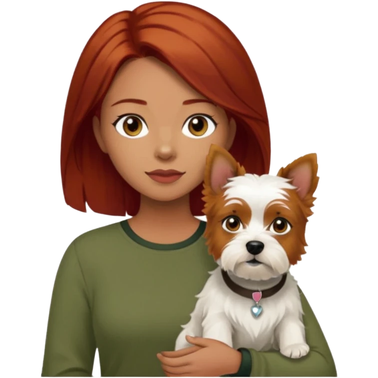 Westhighland white terrier dog being held by woman with dark shoulder length red hair and hazel eye wearing olive green top emoji