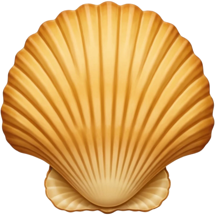 A madeleine pastry. Scalloped seashell shape with four to five vertical lines going in the same direction. Light golden brown. Scalloped edge. Cookie. Flat. Long. Oval shape emoji