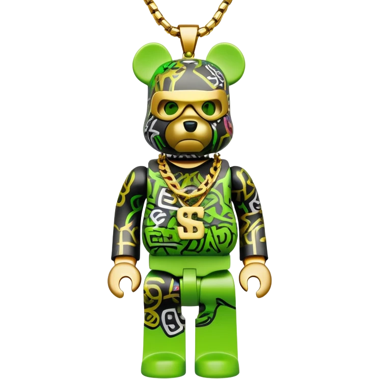 classic bearbrick figure with lime green mask covered in chaotic brand logos, wearing several large gold chains, gold pendant, rapper style accessories, expressive eyebrows emoji