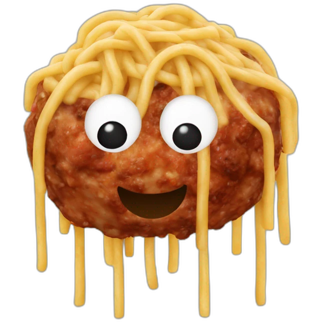 Spaghetti and meatballs, with a face arms and legs emoji